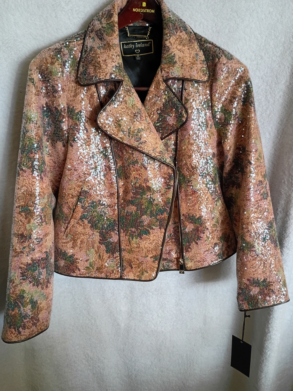 Kathy Ireland Floral Sequin Moto Jacket - Blush Multi